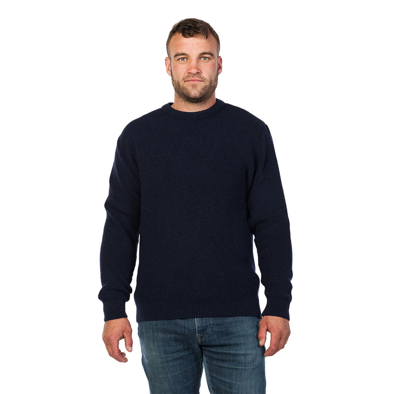 Load image into Gallery viewer, MKM Backyard Wool Jersey, a durable crewneck sweater, worn by a bearded man. Features a classic fisherman’s rib design, ideal for layering and made from 100% New Zealand wool.