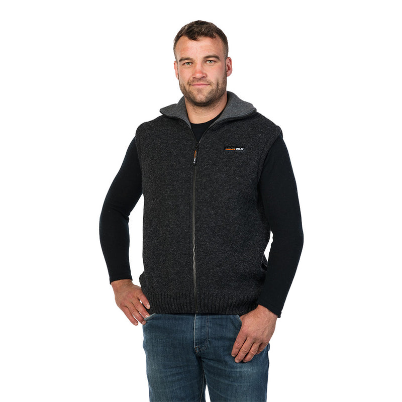 Load image into Gallery viewer, MKM Tasman Wool/Possum Vest with a full zip-through design, large collar, showcasing durable 100% NZ wool outer layer and soft EcoBlend lining, ideal for maintaining body temperature in outdoor settings.