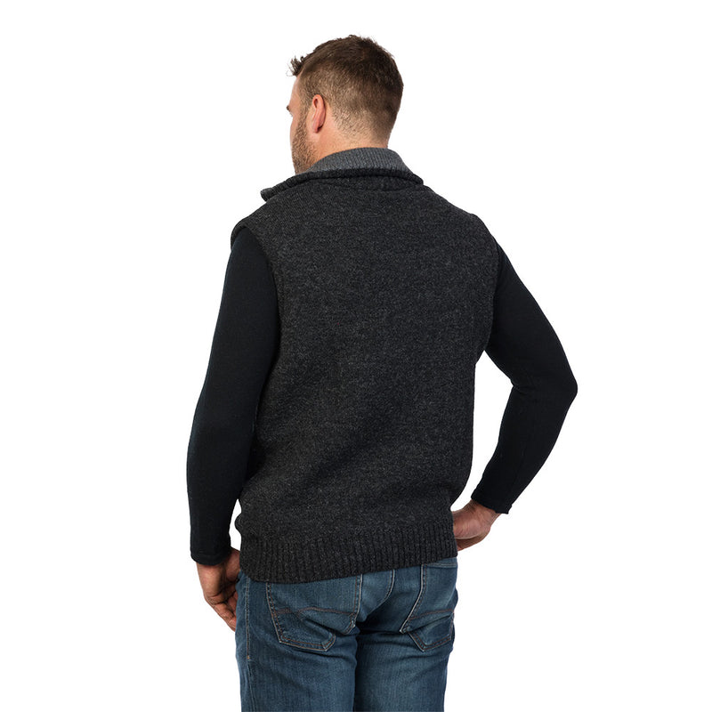 Load image into Gallery viewer, MKM Tasman Wool/Possum Vest features a robust full zip-through design with a large collar, showcasing its 100% NZ wool outer layer and soft EcoBlend lining, ideal for outdoor performance.