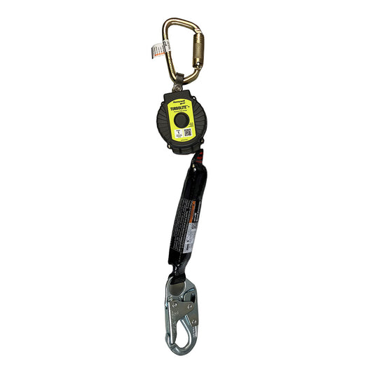 Miller TurboLite+ Personal Fall Limiter: 1.8m (Carabiner/Snaphook) close-up, showcasing its high-impact resistant nylon housing and scratch-proof labeling, designed for enhanced mobility and fall protection in workplace safety.