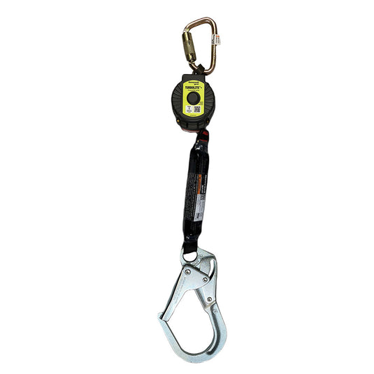 Miller TurboLite+ Personal Fall Limiter: 1.8m (Carabiner/Rebar) shown with a compact design, featuring a durable metal lock and enhanced labeling, ideal for safety-conscious professionals needing reliable fall protection.