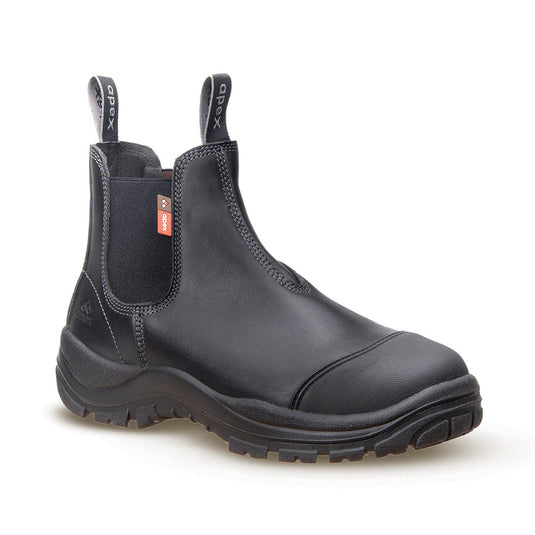 Apex Munro Slip On Safety Boots, Black, featuring a steel toe cap, dual straps, and premium full-grain leather, designed for enhanced comfort and stability. Ideal for safety-focused environments.