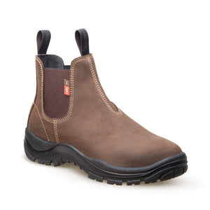 Apex Munro Slip On Safety Boots, Brown, featuring a black sole, steel toe cap, and wide fit for comfort. Made from premium water-resistant leather with triple stitching for durability.