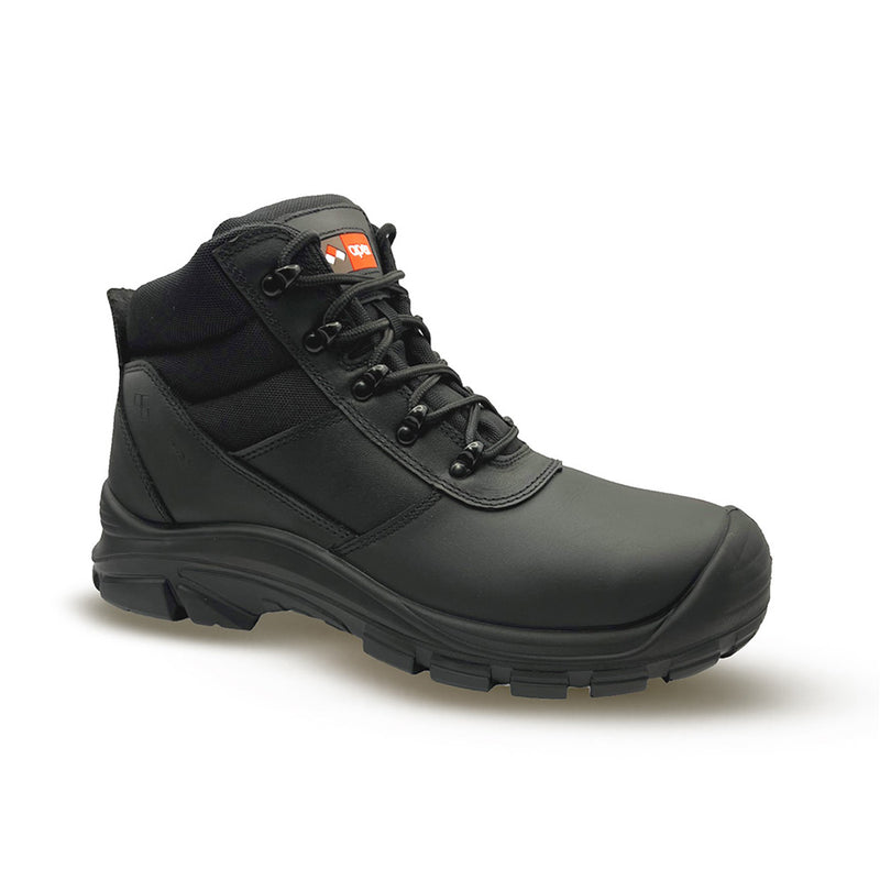 Load image into Gallery viewer, Apex Murray Zip Safety Boots, Black, featuring full grain cow nubuck leather with laces and a side zip. Designed for safety with a steel toe cap and dual density non-slip sole.