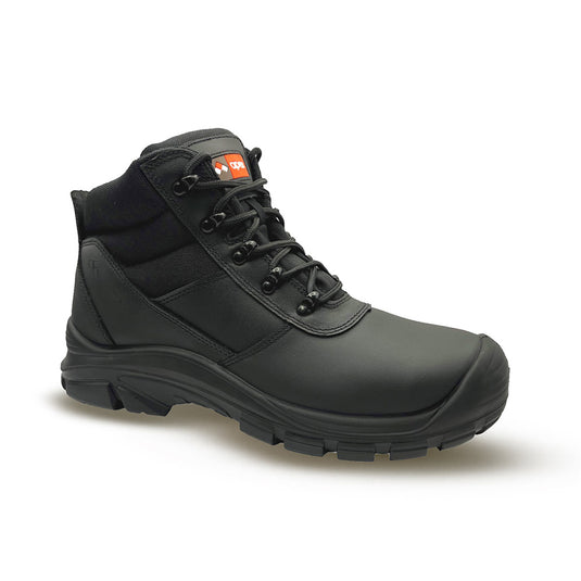 Apex Murray Zip Safety Boots, Black, featuring full grain cow nubuck leather with laces and a side zip. Designed for safety with a steel toe cap and dual density non-slip sole.