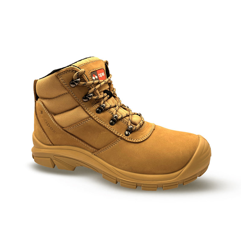Load image into Gallery viewer, Apex Murray Zip Safety Boots, Wheat - sturdy brown boots with laces, featuring a full grain nubuck leather design and a side zip for easy wear, ideal for workplace safety.