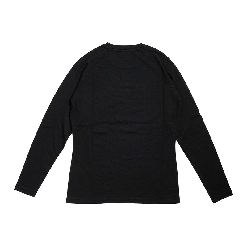 Load image into Gallery viewer, Kepler Womens Merino Base Layer, Black, shown flat from the back, features long raglan sleeves and a crew-neck design. This fitted merino wool shirt is ideal for outdoor activity enthusiasts prioritizing comfort and functionality.