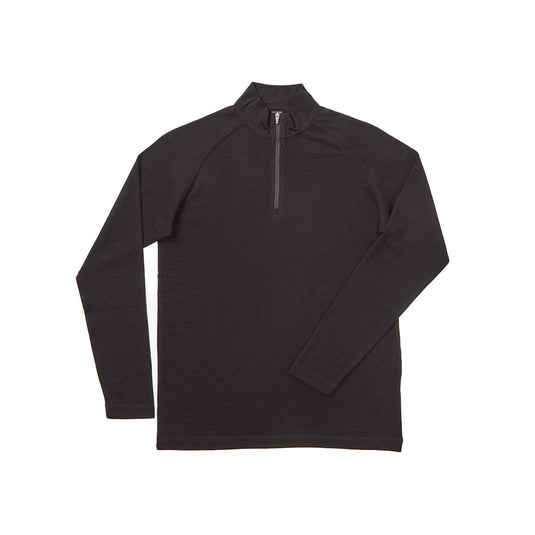 Milford Women's Merino 1/4 Zip Sweater, Black: A sleek, slim-fit sweater with a quarter zip and raglan long sleeves, crafted from machine-washable, superfine merino wool, ideal for casual or active wear.