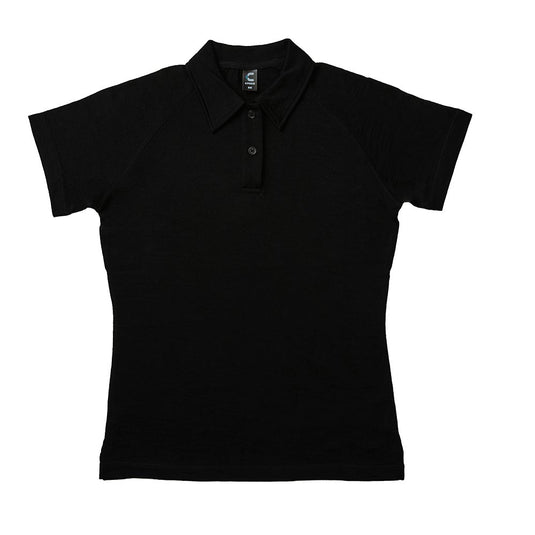 Somers Womens Merino Polo, Black, features a slim fit with raglan short sleeves, crafted from 100% superfine merino wool, offering a sleek and professional look suitable for active and safety work environments.