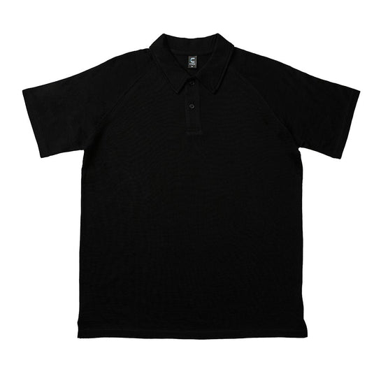 Somers Mens Merino Wool Polo, Black: A sleek, short-sleeved polo shirt with a collar and two-button placket, crafted from lightweight merino wool for comfort and style, perfect for a professional or casual setting.