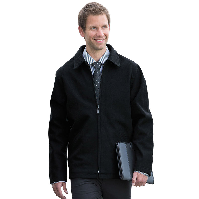 Load image into Gallery viewer, Melton Wool Mens Full Zip Jacket featuring a classic fit and two-piece collar, complemented by a concealed zippered placket, angled welt side pockets, and buttoned vent sleeves, ideal for professional workwear.