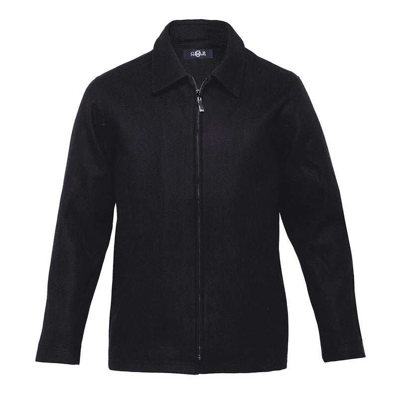 Load image into Gallery viewer, Melton Wool Mens Full Zip Jacket featuring a classic fit, concealed zippered placket, two-piece collar, buttoned sleeve vent, and angled welt side pockets, ideal for safety-conscious work environments.