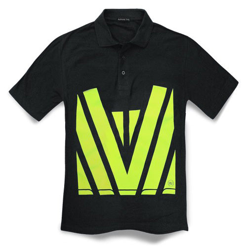 Classic Hi Vis Cotton Polo Shirt with yellow logo, featuring button-through placket and high-visibility printing on front and back, ideal for workplace safety. Made from 65% cotton, 35% polyester.