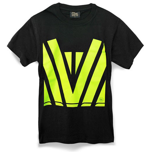 Load image into Gallery viewer, Classic Hi Vis Cotton T-Shirt featuring a yellow logo on a black background, designed for safety and visibility. Made from 100% cotton, 195 gsm, with Hi-Vis printing on front and back.