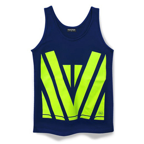 Classic Hi Vis Cotton Singlet featuring neon yellow lettering on a blue background. This 100% cotton, 195 gsm tank top is designed for high visibility, ideal for safety-conscious work environments.