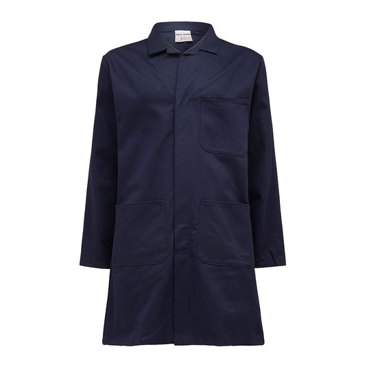 Hard Yakka Cotton Lab/Dust Coat, a durable navy-blue workwear piece with a turn-down collar, chest and hip pockets, and concealed front closure, ideal for professional safety and comfort.
