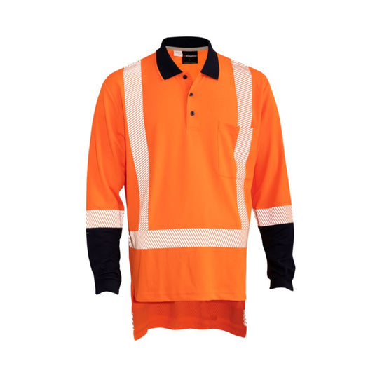 KingGee TTMC-W17 Hyperfreeze Polo featuring long sleeves, black and white stripes, a chest pocket with button closure, and reflective tape, designed for safety and comfort with mesh panels for airflow.
