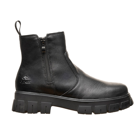Apex Nancy Safety Boots featuring a fine leather upper, YKK zipper, and steel safety toe cap. Designed for comfort and durability with a slip-resistant sole, ideal for work and beyond.