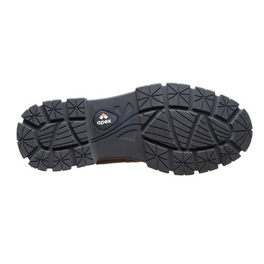 Apex Nancy Safety Boots featuring a fine leather upper, steel safety toe cap, elasticated side, YKK zip, full PU outsole, Poron innersole, and slip-resistant sole, designed for all-day comfort and protection.