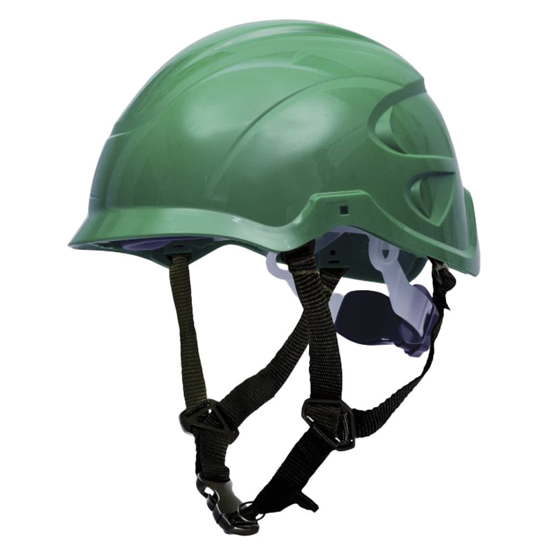 Load image into Gallery viewer, Esko SecurePlus Nexus Helmet, a green safety helmet featuring a micro peak, adjustable suspension harness, and chinstrap buckle, designed for impact protection in construction and industrial environments.