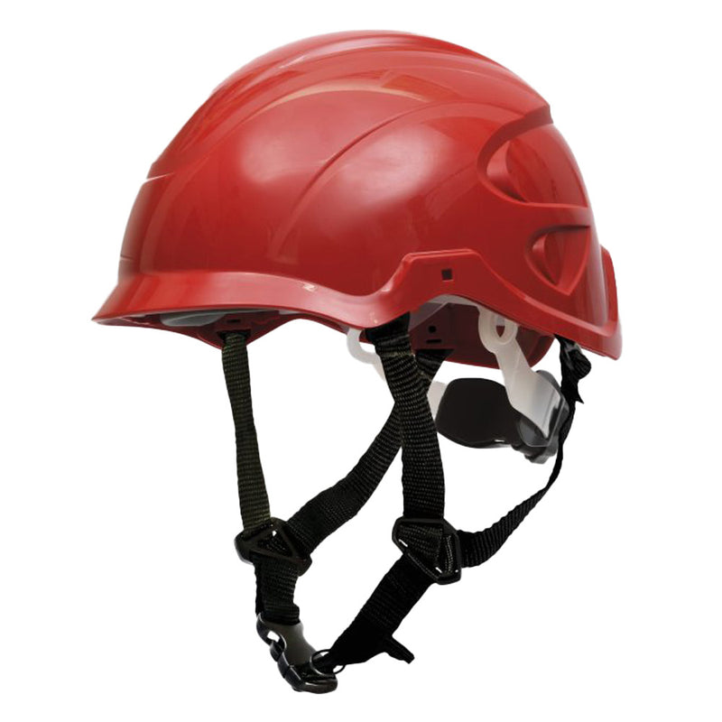 Load image into Gallery viewer, Esko SecurePlus Nexus Helmet, a red safety helmet featuring a black adjustable chin-strap, ideal for construction or industrial use. High-performance ABS shell, micro peak for visibility, and tested for extreme conditions.