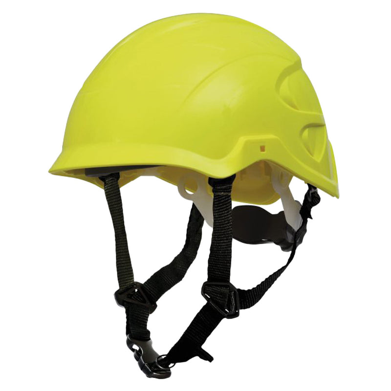 Load image into Gallery viewer, Esko SecurePlus Nexus Helmet, a durable yellow safety helmet with adjustable chin straps and internal suspension, designed for workplace head protection, featuring a high-performance ABS shell and micro peak for enhanced visibility.