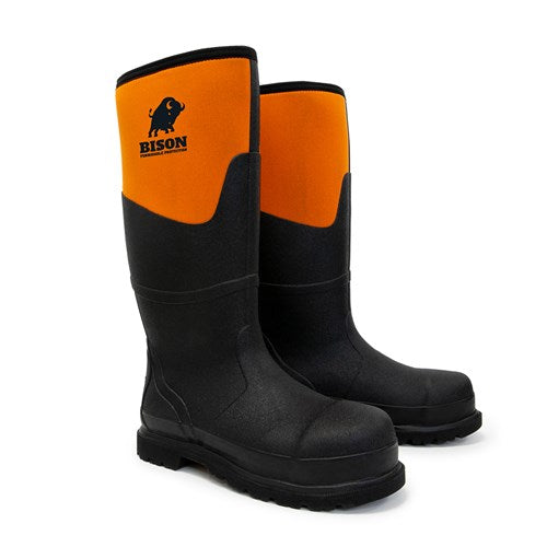 Bison Neo Safety Gumboot designed for rugged environments; features a neoprene liner, multi-directional cleats, Ezi Insert pull tag, and 200-joule safety toe cap, ideal for professionals needing durable, insulated footwear.