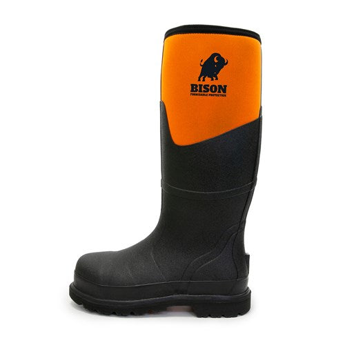 Bison Neo Safety Gumboot featuring a unique neoprene and high-density rubber blend, designed for durability with a thermal-lined safety toe cap and multi-directional cleats, ideal for demanding work environments.