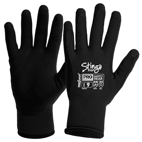 Pro Stinga Frost Thermal Lined Glove, black, designed for warmth and safety, ideal for outdoor work in cold conditions. Features close-up views highlighting fabric texture and handwear design, suitable for various industries.