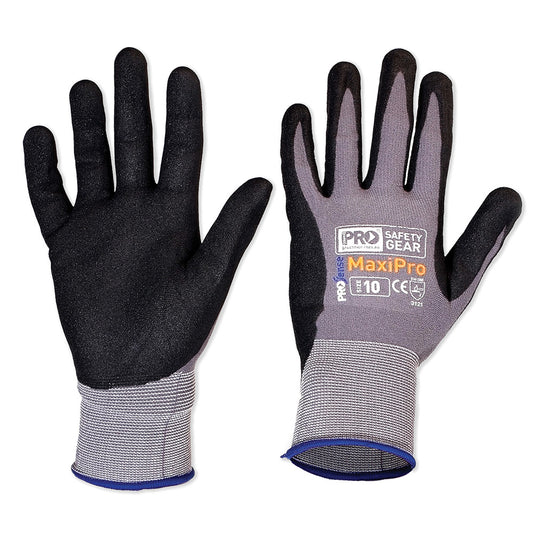MaxiPro PU/Nitrile Dip Glove showcasing a seamless 15-gauge nylon fused lycra shell, enhanced gripping power with nitrile water-based PU foam coating, ideal for dexterity in wet and dry conditions.