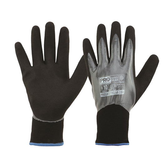 Pro Touch Screen Sand Dip Winter Gloves featuring a black and grey design, with full 360° grey nitrile dip for moisture protection and sandy nitrile dip for touchscreen use, ideal for cold climates.