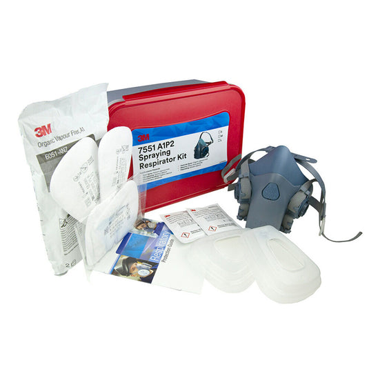 3M 7551 Spraying Respirator Kit (A1P2): Medium, featuring a 3M Half Face Respirator with Cool Flow valve, silicone material, organic vapor and particulate filters, filter retainers, cleaning wipes, and protection guide. Ideal for prolonged use.