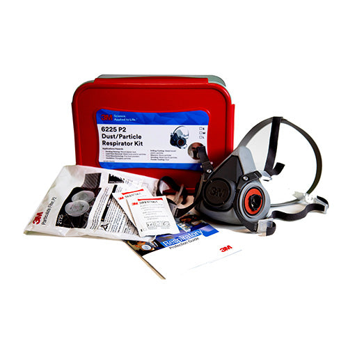 3M 6225 Dust/Particle Respirator Kit: Medium, featuring a 3M Half Face Respirator 6000 Series and accessories, visible alongside a red storage box, ideal for safety and protection tasks.