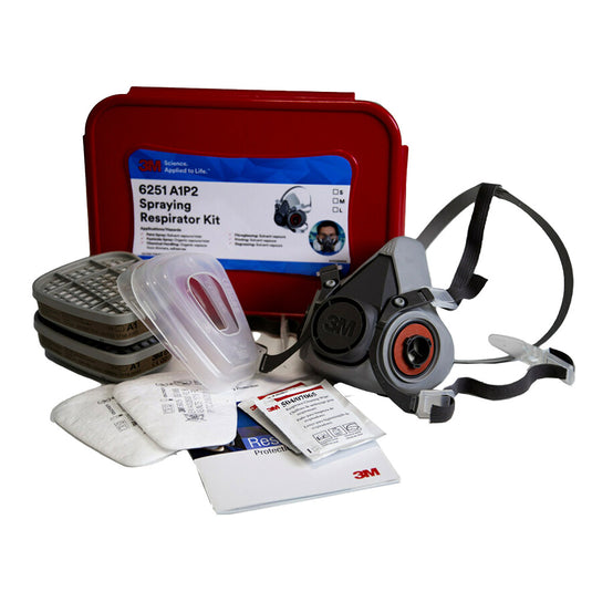3M 6251 Spraying Respirator Kit (A1P2): Small, featuring a 3M Half Face Respirator 6000 Series, organic vapour cartridges, particulate filters, filter retainers, cleaning wipes, and a storage container for effective respiratory protection.