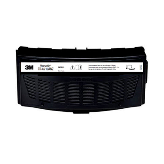 3M Versaflo P3 High Efficiency Filter (TR-6710ANZ) designed for TR-600 and TR-800 respirators, featuring a black rectangular form with white text, ensuring dust and particle protection for workplace safety.