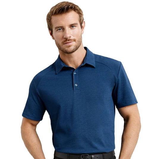 Biz Byron Short Sleeve Polo Shirt in a luxe cotton-rich jersey, featuring a modern self fabric collar and button placket, ideal for workplace comfort and style. Includes a loose pocket for practicality.