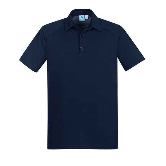Biz Byron Short Sleeve Polo Shirt crafted from a luxe cotton-rich jersey, featuring a modern self-fabric collar, button placket, and loose pocket, ideal for workplace comfort and professionalism.