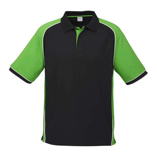 Biz Nitro Short Sleeve Polo Shirt featuring contrast panels and piping, knitted collar and cuffs, with durable, easy-care pique fabric, ideal for workplace uniforms and active environments.