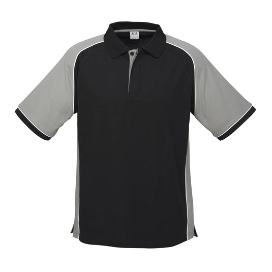 Biz Nitro Short Sleeve Polo Shirt featuring contrast panels and piping, crafted from durable pique knit for year-round comfort. Ideal for team or business wear, includes a knitted collar, cuff, and loose pocket.