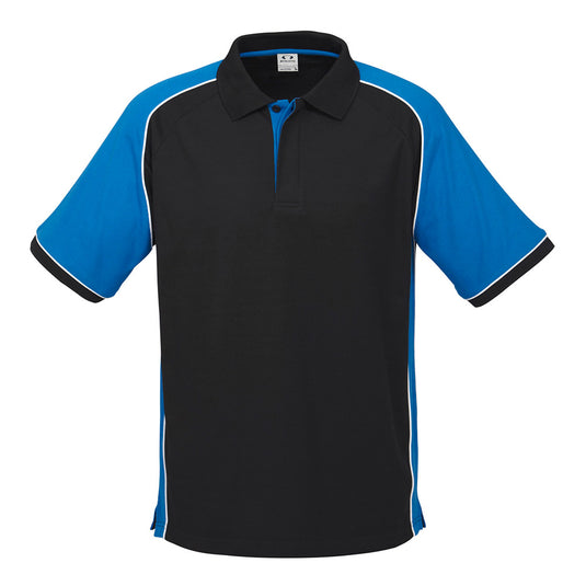 Biz Nitro Short Sleeve Polo Shirt featuring bold contrast panels and piping, crafted from durable pique fabric. Includes a knitted collar, cuffs, and side splits, ideal for workplace or team settings.