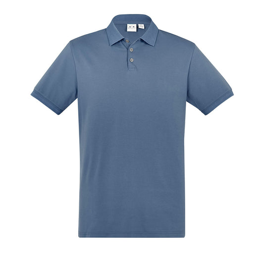 Biz Mens City Short Sleeve Polo, featuring a unique waffle knit collar and cuff, crafted from breathable cotton with elastane. Designed for comfort and style, it includes a loose pocket and side splits.