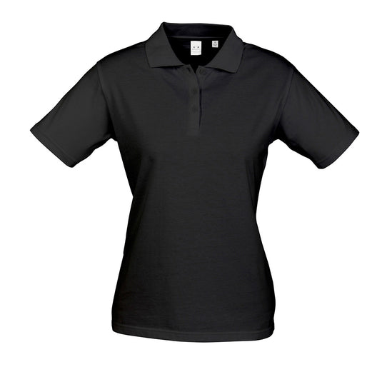 Biz Ladies Ice Cotton Polo Shirt featuring a knitted collar with slimline placket, twin needle stitched sleeves, and hem, designed for professional styling and easy re-branding in workplace settings.