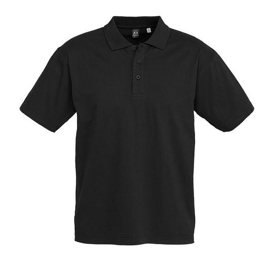 Biz Men's Ice Cotton Polo Shirt featuring a short-sleeve design, three-button placket, and matching knitted collar. Made from 100% premium combed cotton with twin needle stitching and taped shoulders for enhanced durability.
