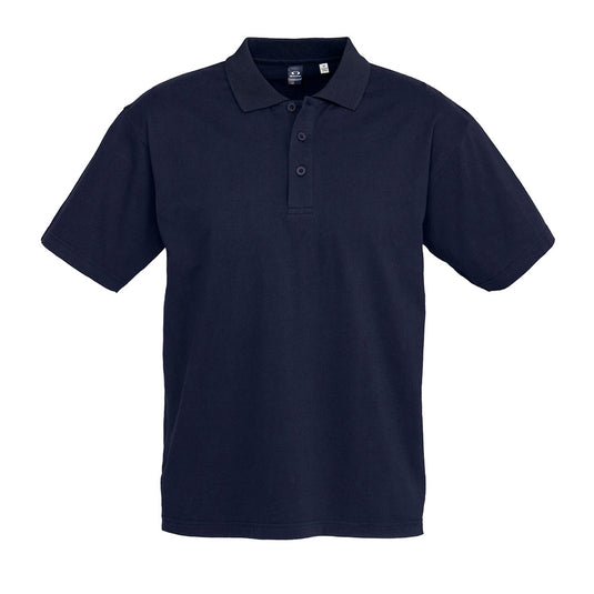 Biz Men's Ice Cotton Polo Shirt featuring a three-button placket, a matching knitted collar, and twin needle stitching on sleeves and hem, ideal for workplace comfort and durability.