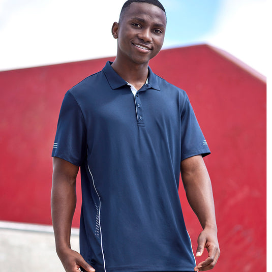 Biz Mens Balance Short Sleeve Polo Shirt featuring a honeycomb weave, breathable fabric, and dynamic contrast piping. The close-up highlights the polo's collar and signature accent prints, embodying a professional yet active style.