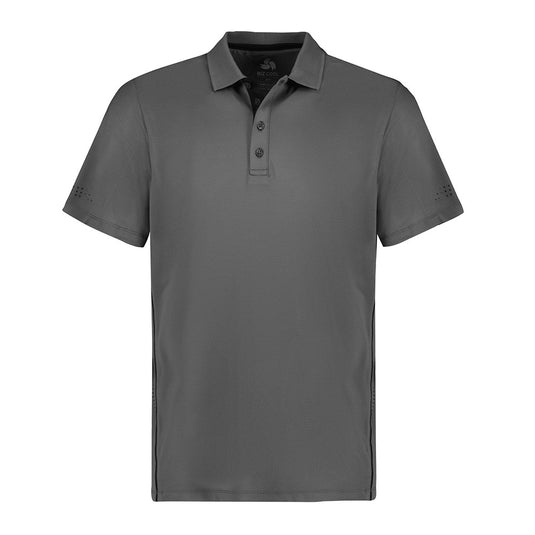 Biz Mens Balance Short Sleeve Polo Shirt featuring a flat knitted collar, dynamic side piping, and unique accent prints. Designed in a breathable stretch honeycomb knit, it offers comfort and style for active settings.