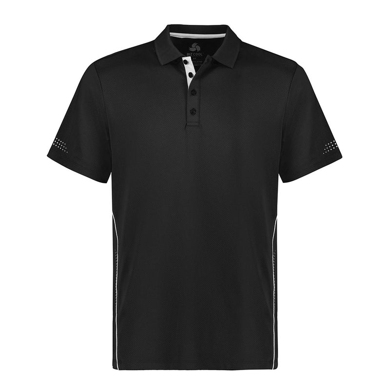 Load image into Gallery viewer, Biz Mens Balance Short Sleeve Polo Shirt features a black fabric with white stripes, a flat knitted collar, and dynamic contrast piping, ideal for active safety work environments.
