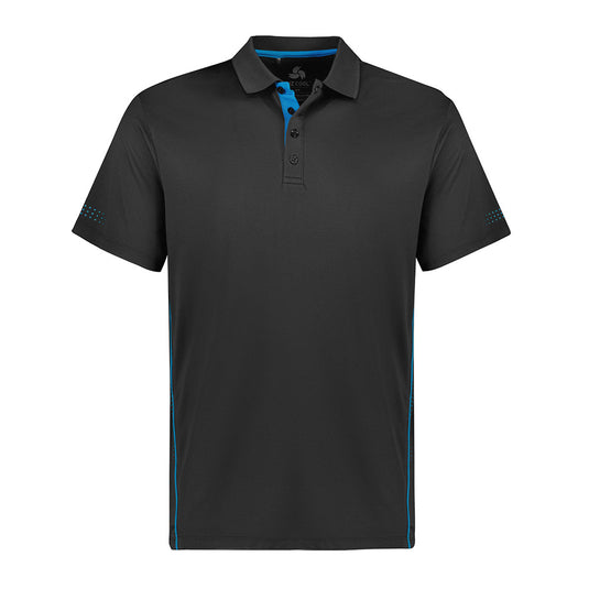 Biz Mens Balance Short Sleeve Polo Shirt featuring a stretch honeycomb weave, flat knitted collar, and contrast piping. Ideal for active safety wear with dynamic accent prints and a longer length for coverage.
