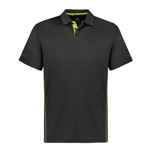 Biz Mens Balance Short Sleeve Polo Shirt featuring a green stripe, flat knitted collar, and dynamic piping, designed with stretch honeycomb knit, ideal for active safety work environments.