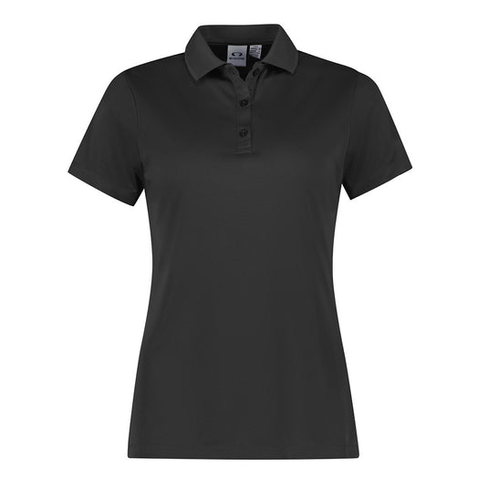 Biz Womens Action Short Sleeve Polo featuring a self-fabric collar and recycled pearlized buttons, made from breathable Biz Eco Certified Recycled Polyester, suitable for active and eco-conscious wearers.